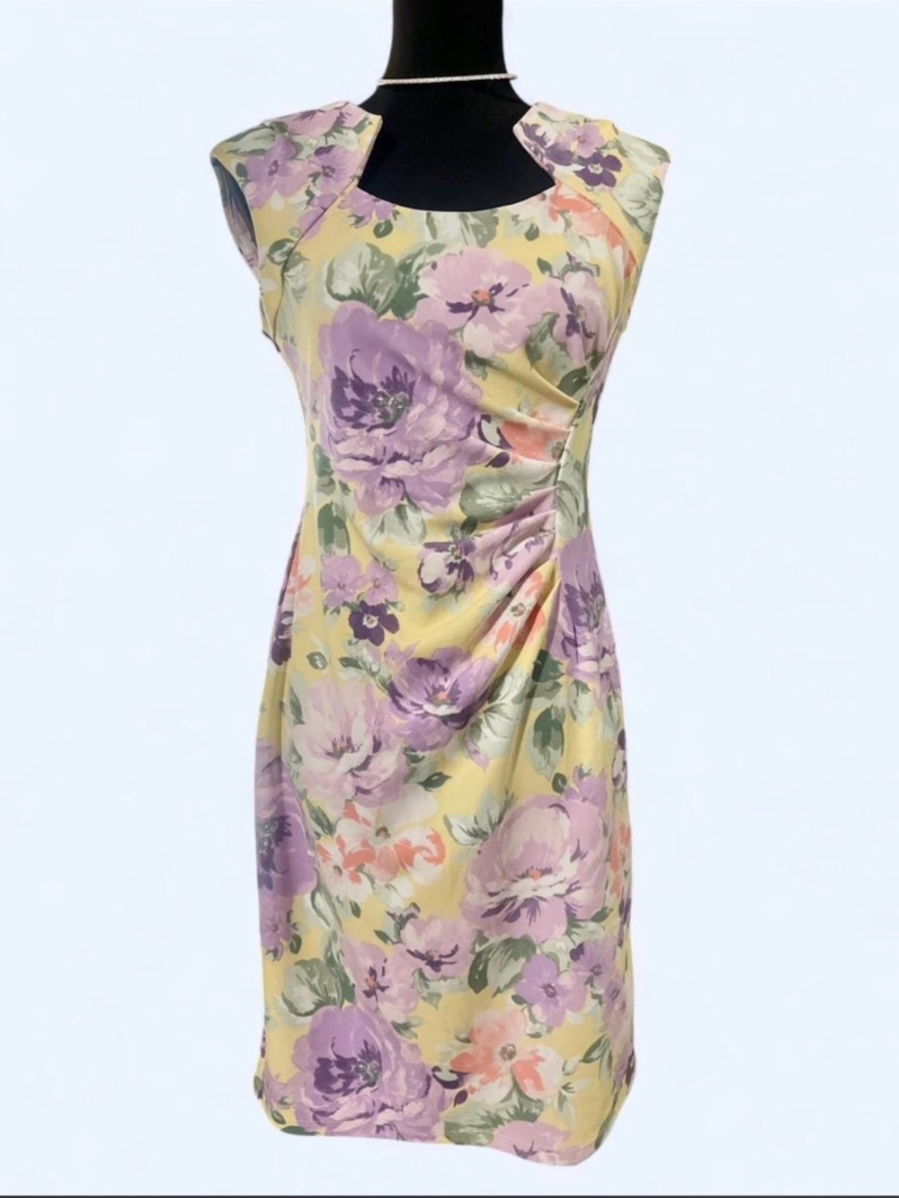 Shelby & Palmer Floral Sheath Dress in Lavender, Yellow & Green Accents